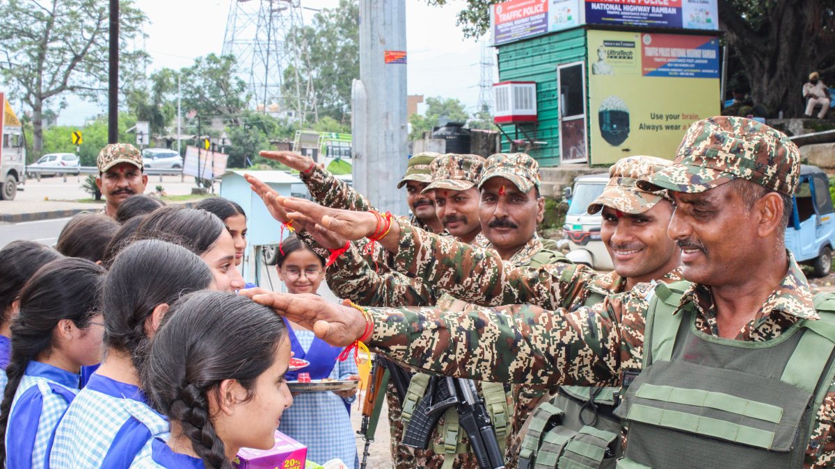 CRPF personnel bless girl students on Raksha Bandhan in Udhampur