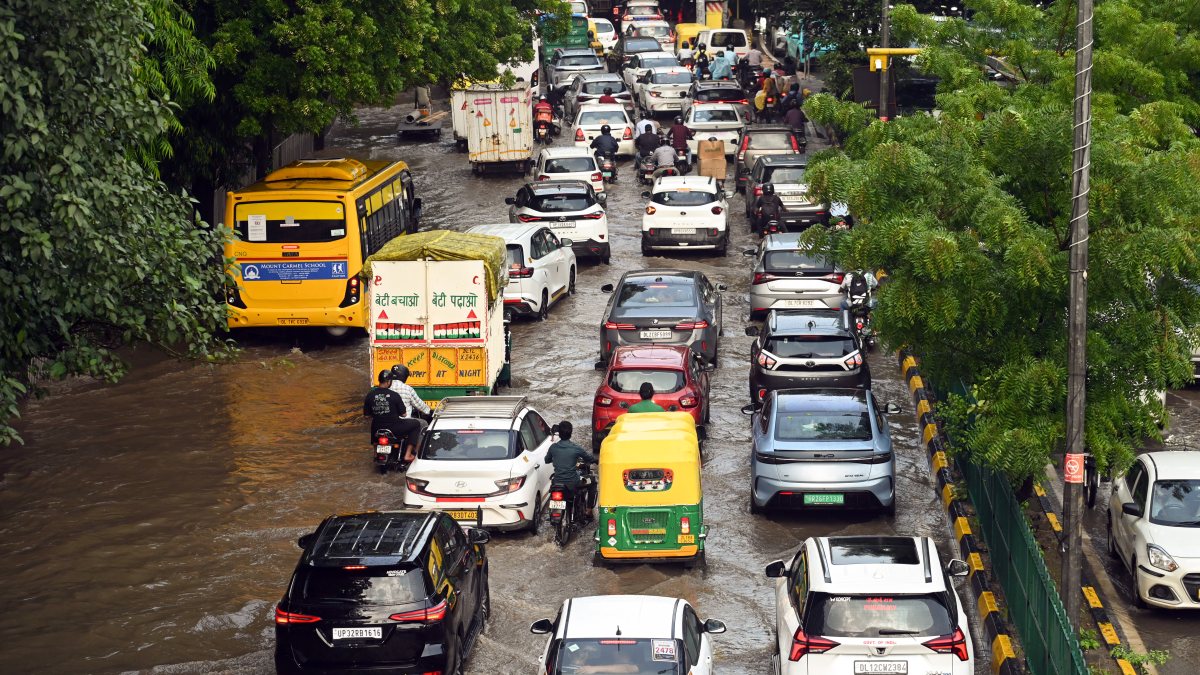 Heavy rain floods roads near Moti Bagh metro station in Delhi