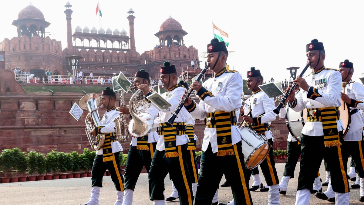 Military band rehearses at Red Fort ahead of Independence Day