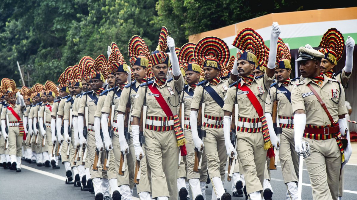 Police march in rehearsal for 80th Independence Day in Bhubaneswar