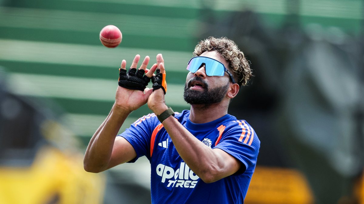 Siraj bowls during India's training in Galle