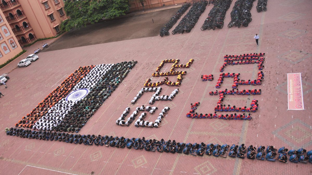 Students form national flag ahead of Independence Day in Surat