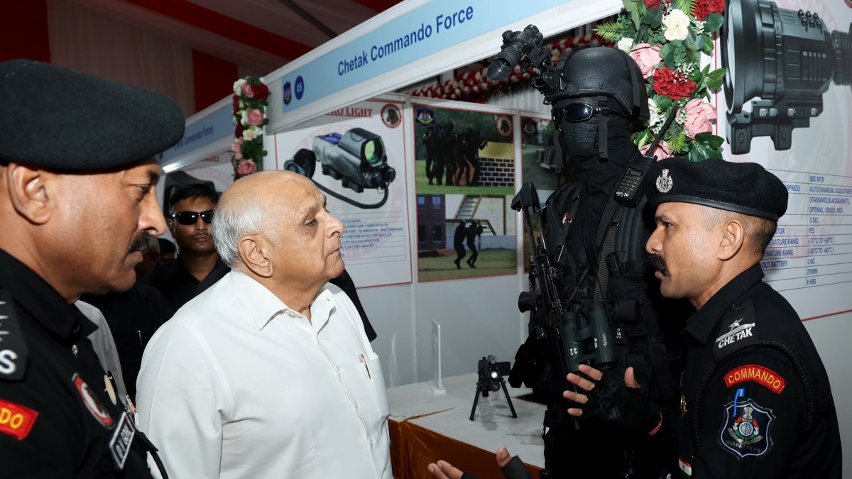 Gujarat CM inspects police weapon exhibition in Amreli
