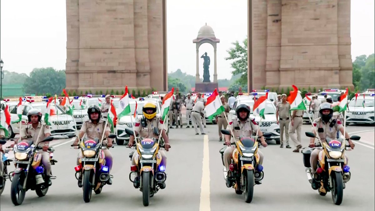 Delhi Police rally PCR vans and bikes at Kartavya Path ahead of Independence Day
