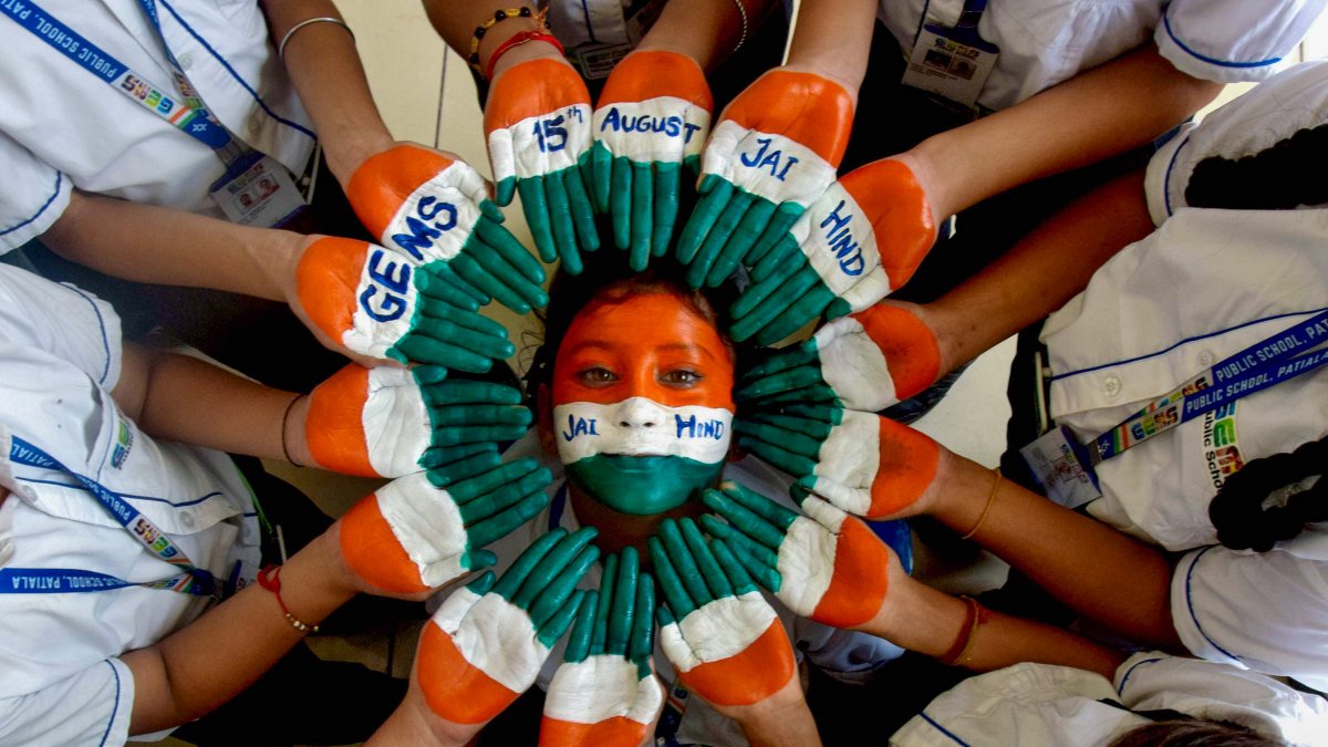 Students form tricolor with painted hands at Patiala school event