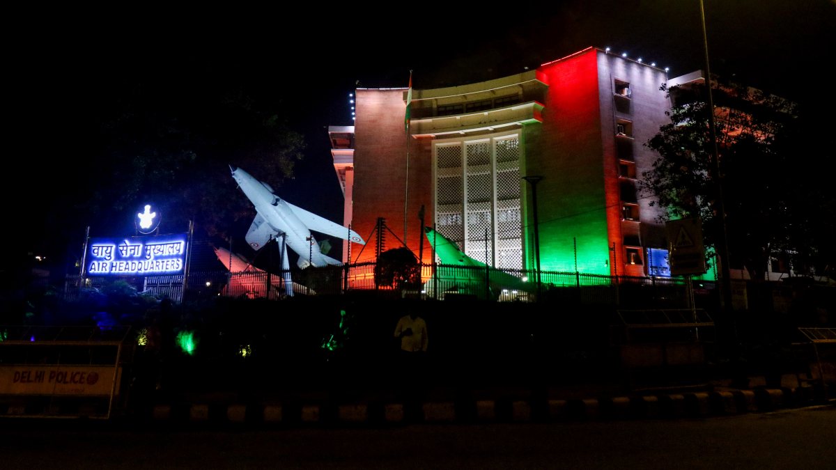 Air Force Headquarters lit up in tricolour on Independence Day eve
