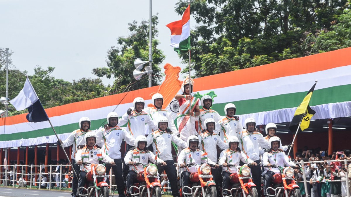 Kolkata Police motorcycle contingent displays national flag at Red Road