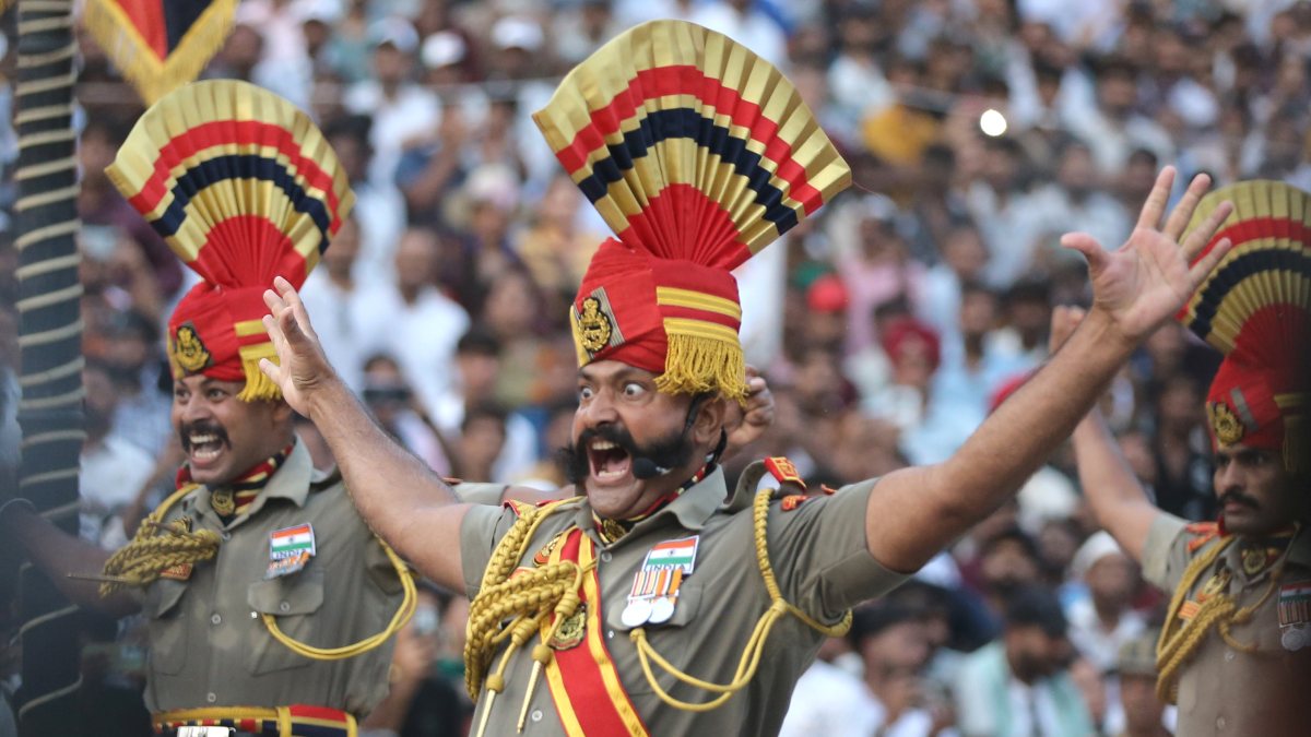 BSF soldiers perform at Beating Retreat ceremony on 80th Independence Day