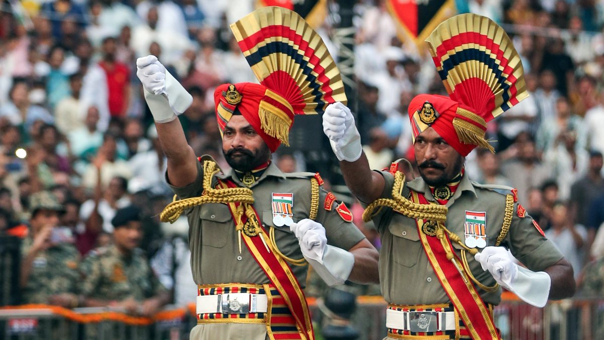 BSF soldiers perform at Beating Retreat ceremony on 80th Independence Day