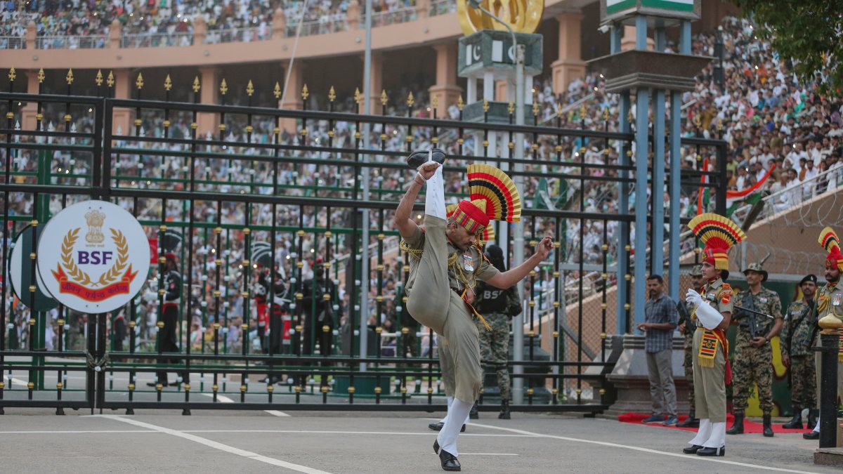BSF soldiers perform at Beating Retreat ceremony on 80th Independence Day