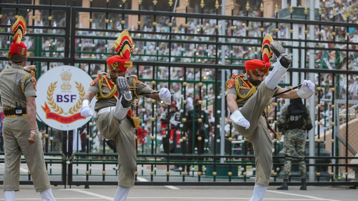 BSF soldiers perform at Beating Retreat ceremony on 80th Independence Day