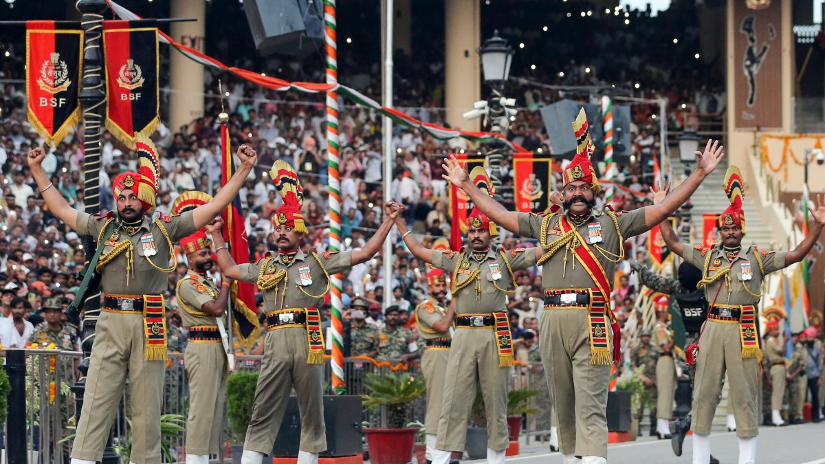 BSF soldiers perform at Beating Retreat ceremony at Attari Wagha border