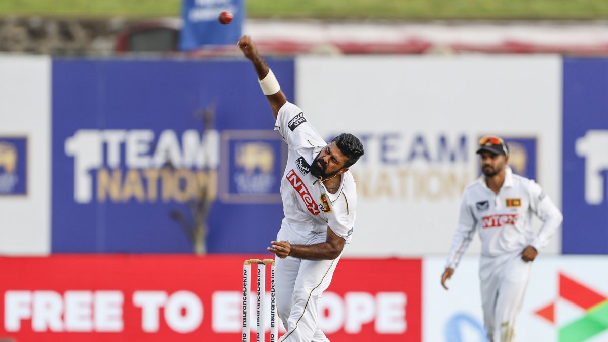 Prabath Jayasuriya bowls on day 2 of first Test in Galle