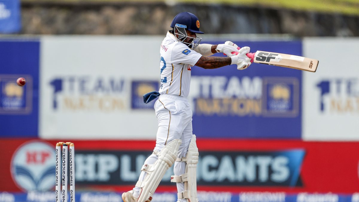 Lahiru Udara plays shot on day three of India-Sri Lanka test