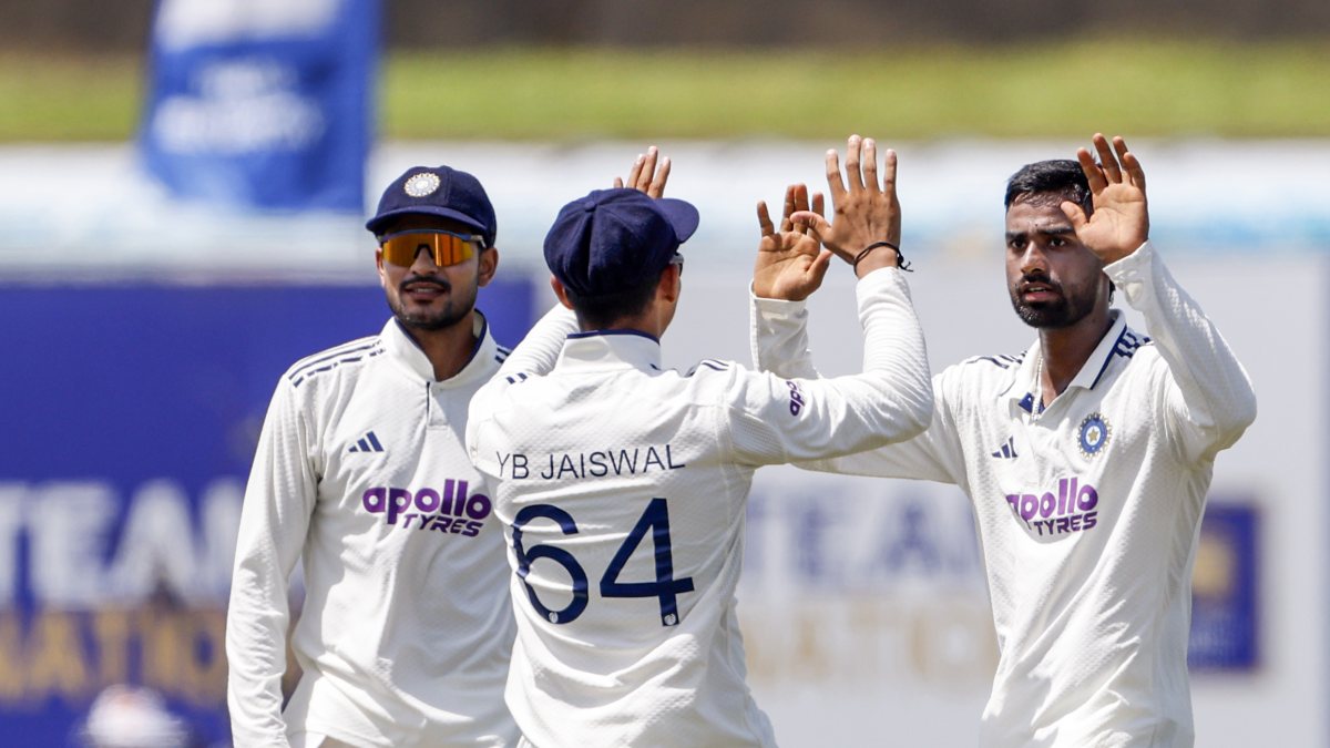 India's Manav Suthar celebrates Chandimal's wicket in Galle test