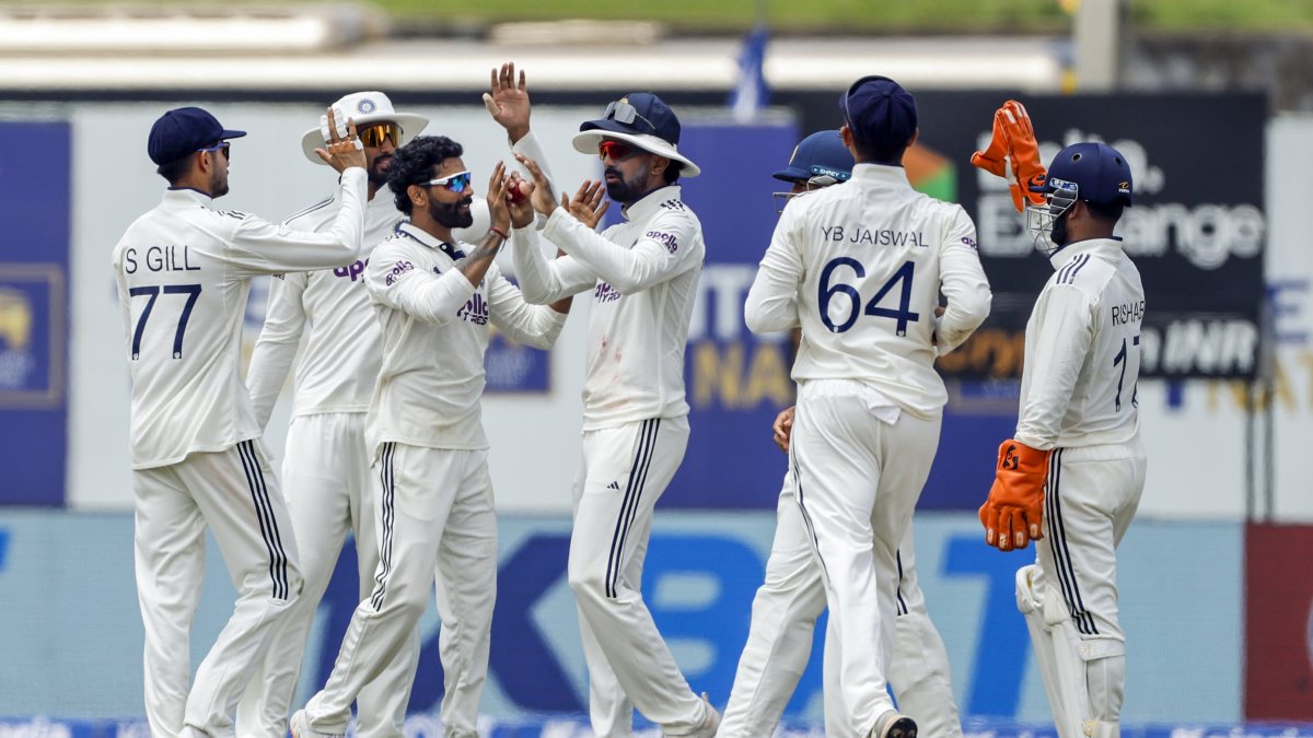 India celebrates wicket on day three of first Test in Galle