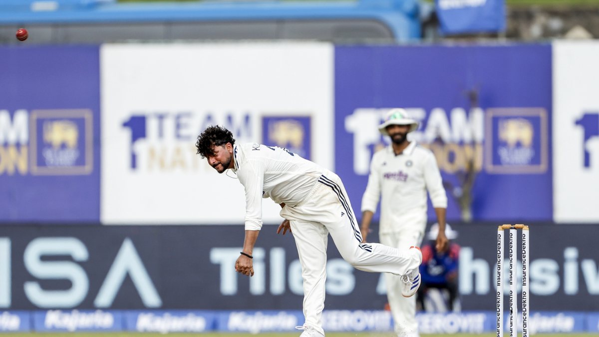 Kuldeep Yadav bowls on day three of India-Sri Lanka test