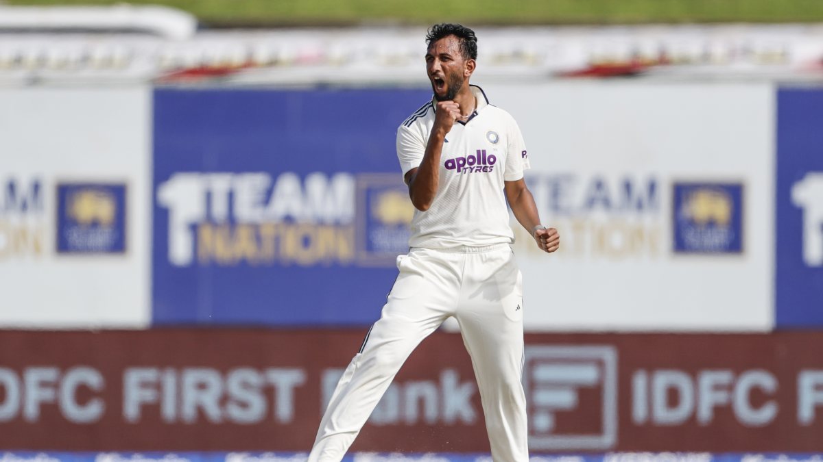 India's Prasidh Krishna celebrates Dickwella's wicket on day 3