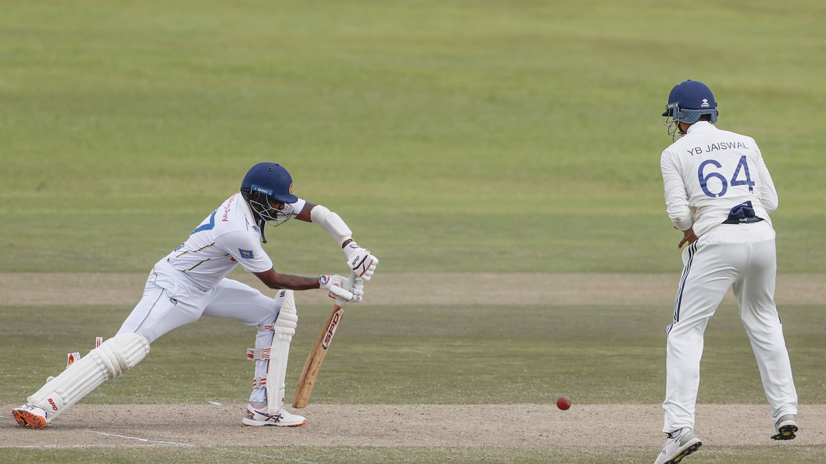 Prabath Jayasuriya plays a shot on day 3 of first Test