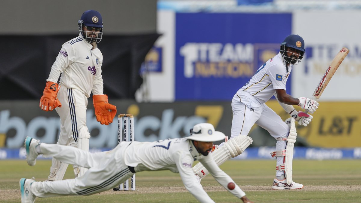 Prabath Jayasuriya plays a shot on day 3 of first Test