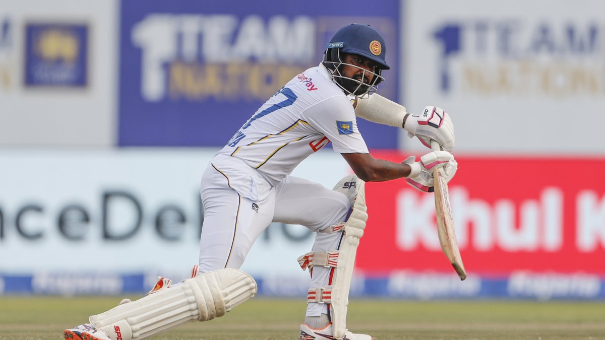 Prabath Jayasuriya plays shot on day 3 of first Test