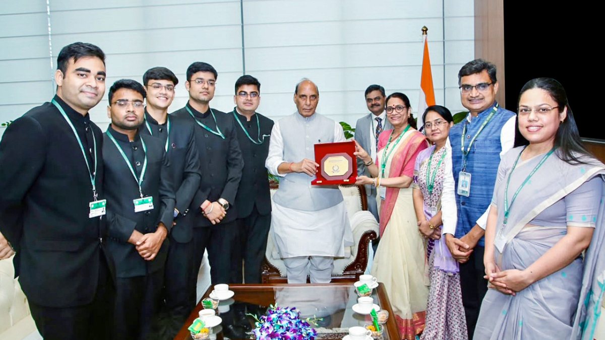Defence minister Rajnath Singh meets officer trainees in Delhi