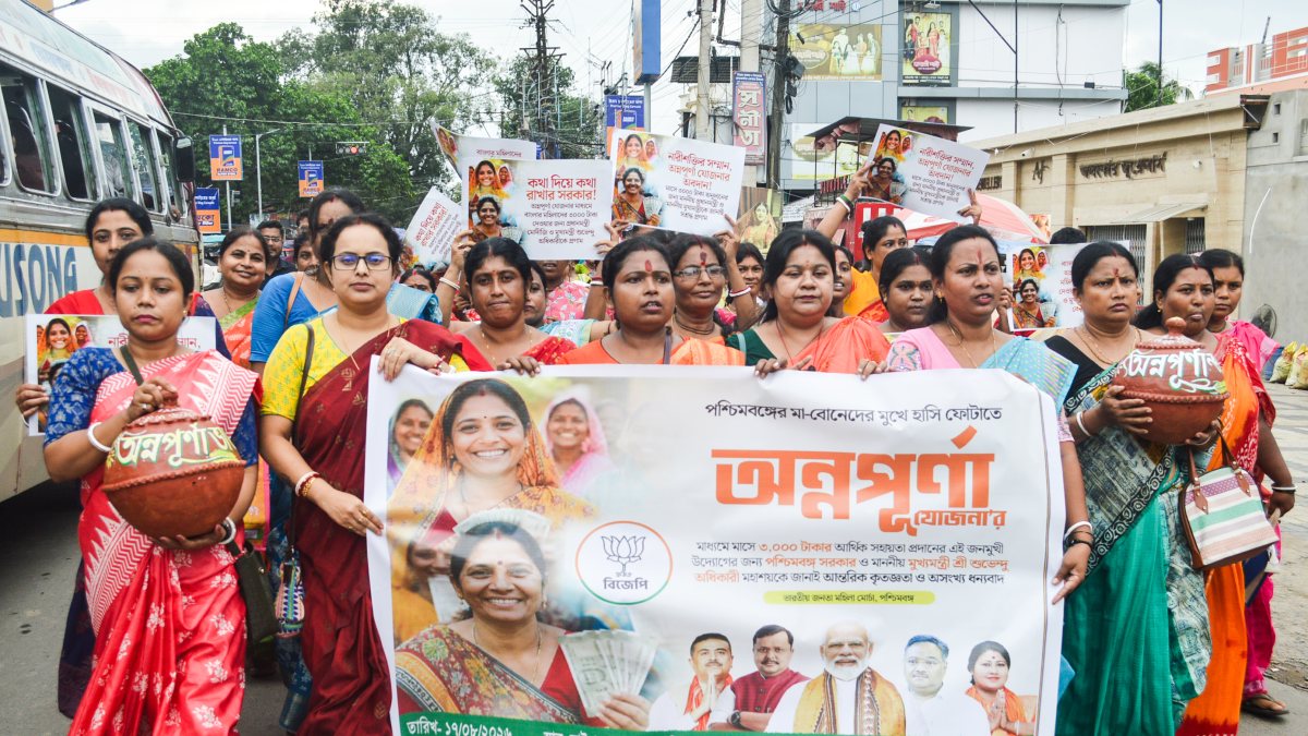 Women join BJP Mahila Morcha Annapurna Bhandar procession in Nadia