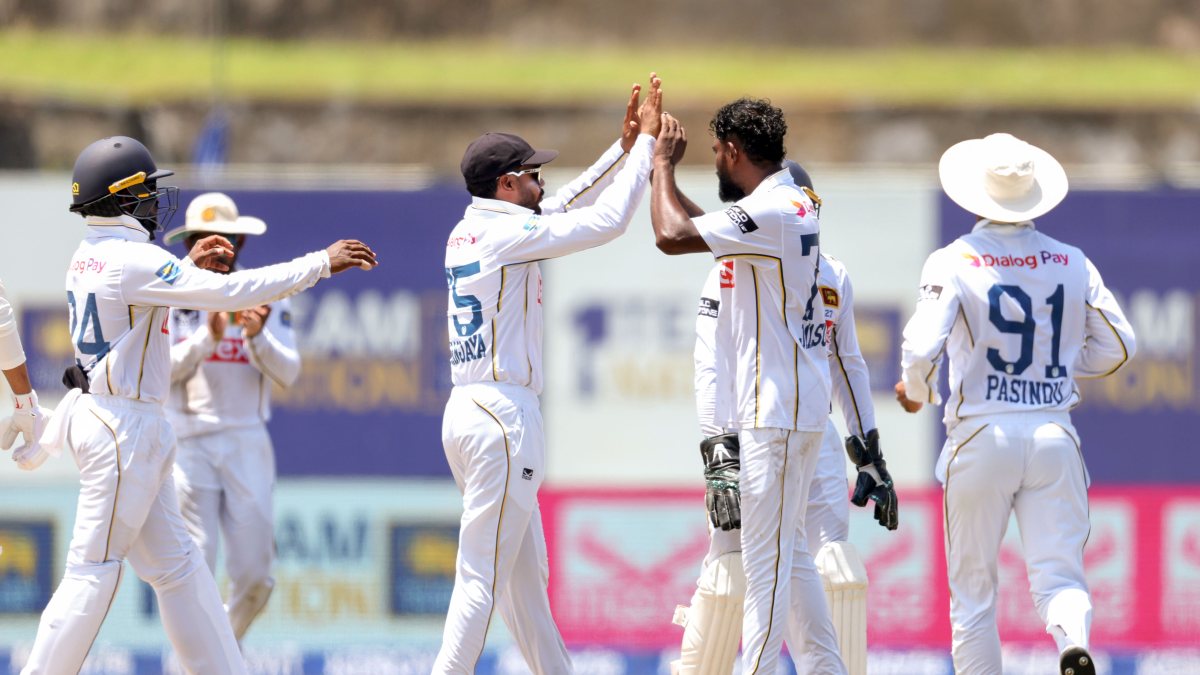 Sri Lanka celebrates Shubman Gill's wicket on day four in Galle