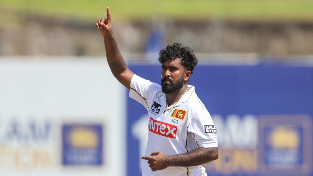 Sri Lanka's Asitha Fernando celebrates wicket of Manav Suthar on day four