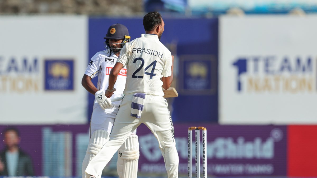 India's Prasidh Krishna celebrates Kamindu Mendis wicket in Galle Test