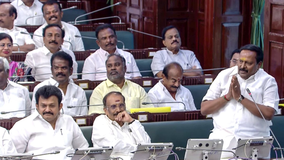 Tamil Nadu MLA greets during Assembly session in Chennai
