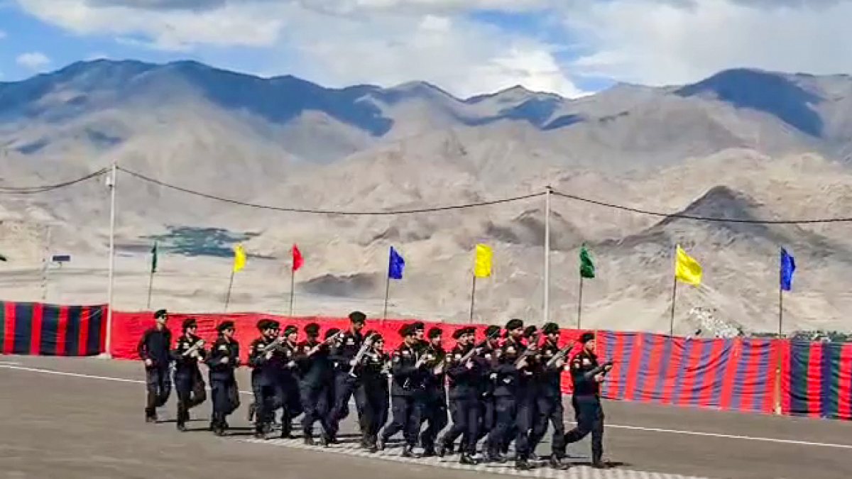 Police personnel march at pre-promotion course in Leh
