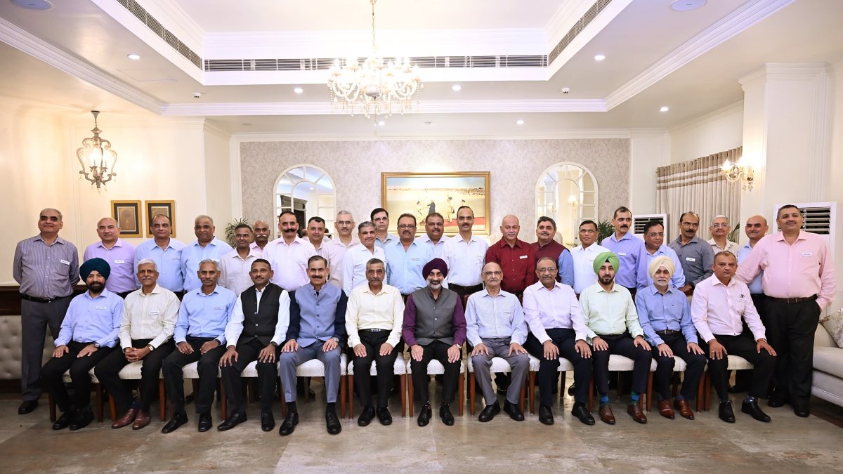 Air Chief Marshal AP Singh poses with superannuating officers in Delhi