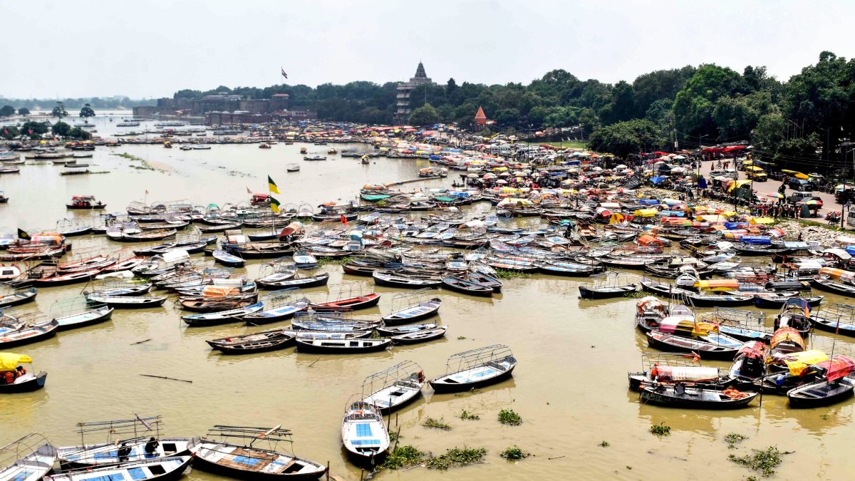 Empty boats float on swollen Ganga in Patna after heavy rain