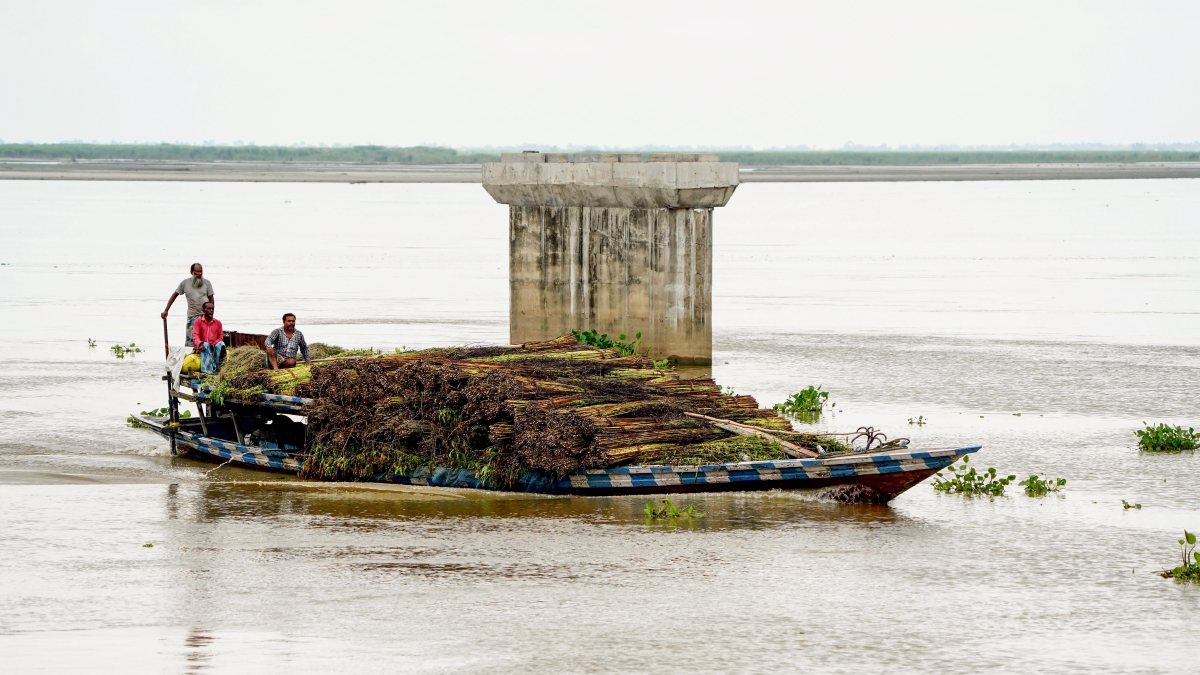 Farmers ferry harvested jute by boat in Morigaon