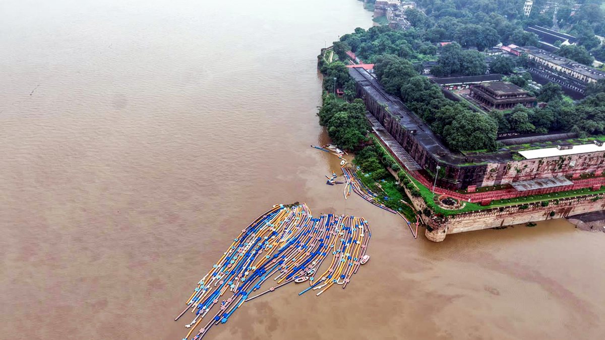 Aerial view shows floating jetty submerged in swollen Ganga-Yamuna waters