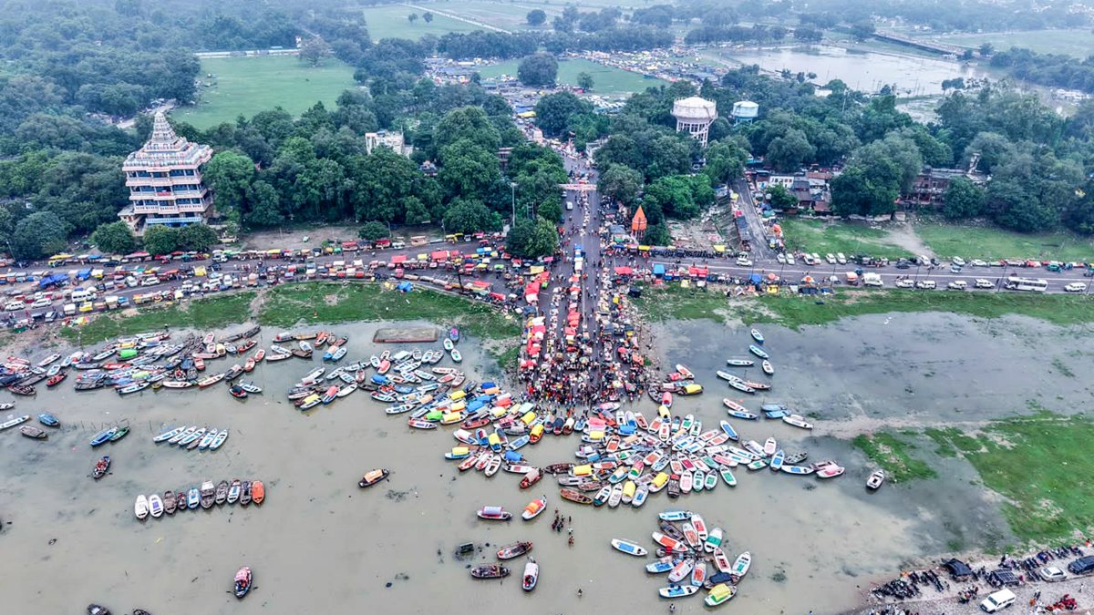 Aerial view shows floating jetty submerged in swollen Ganga-Yamuna waters
