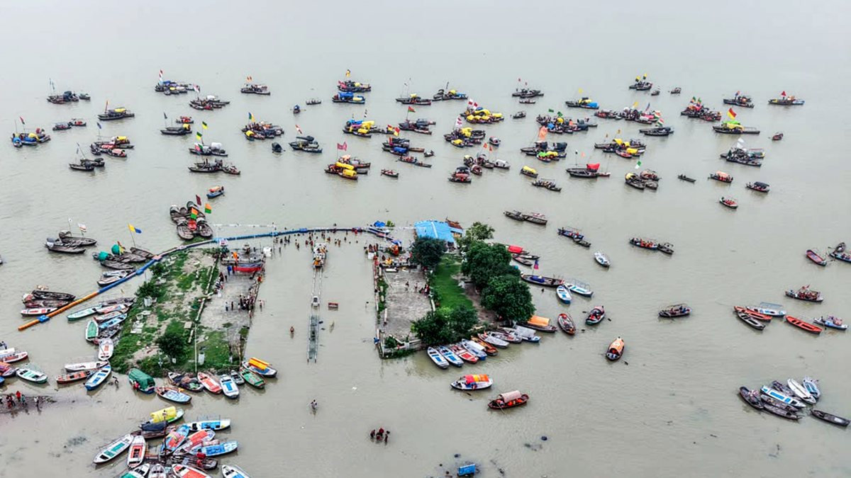 Aerial view shows floating jetty submerged in swollen Ganga, Yamuna