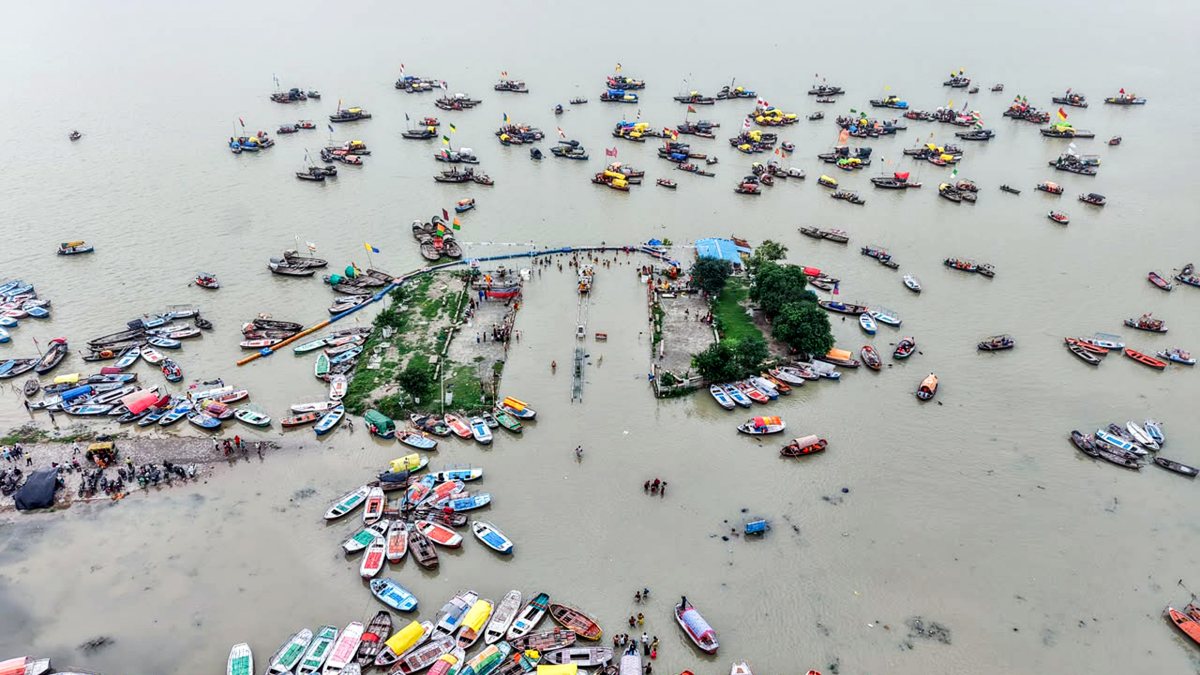 Aerial view shows floating jetty submerged in swollen Ganga-Yamuna waters
