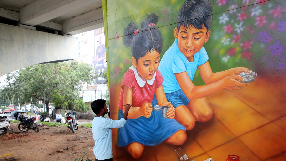 Artist paints graffiti under Ambedkar Flyover in Bhopal