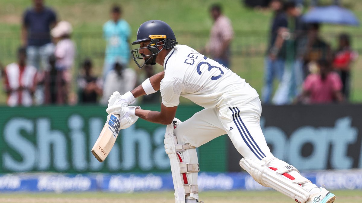 Devdutt Padikkal plays a shot on Day 1 of second Test in Colombo