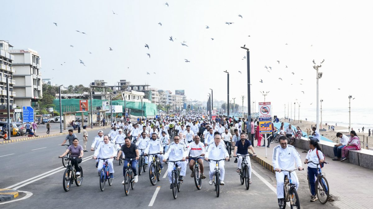 Union Youth Affairs and Sports Minister Mansukh Mandaviya cycles as he leads a…