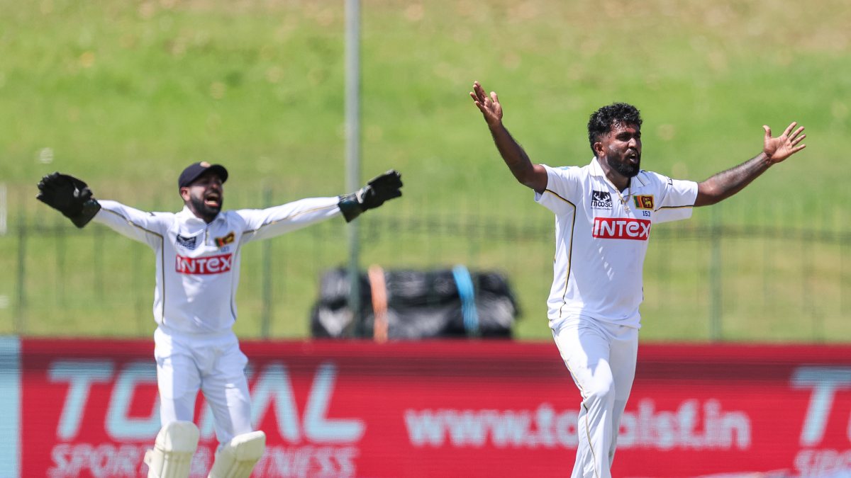 Sri Lanka's Asitha Fernando celebrates the dismissal of India's Yashasvi…