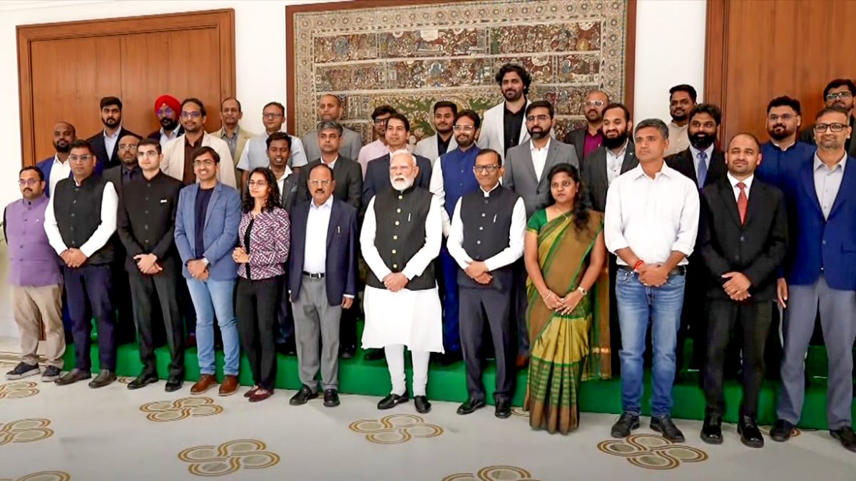 PM Modi poses with space startup founders on National Space Day