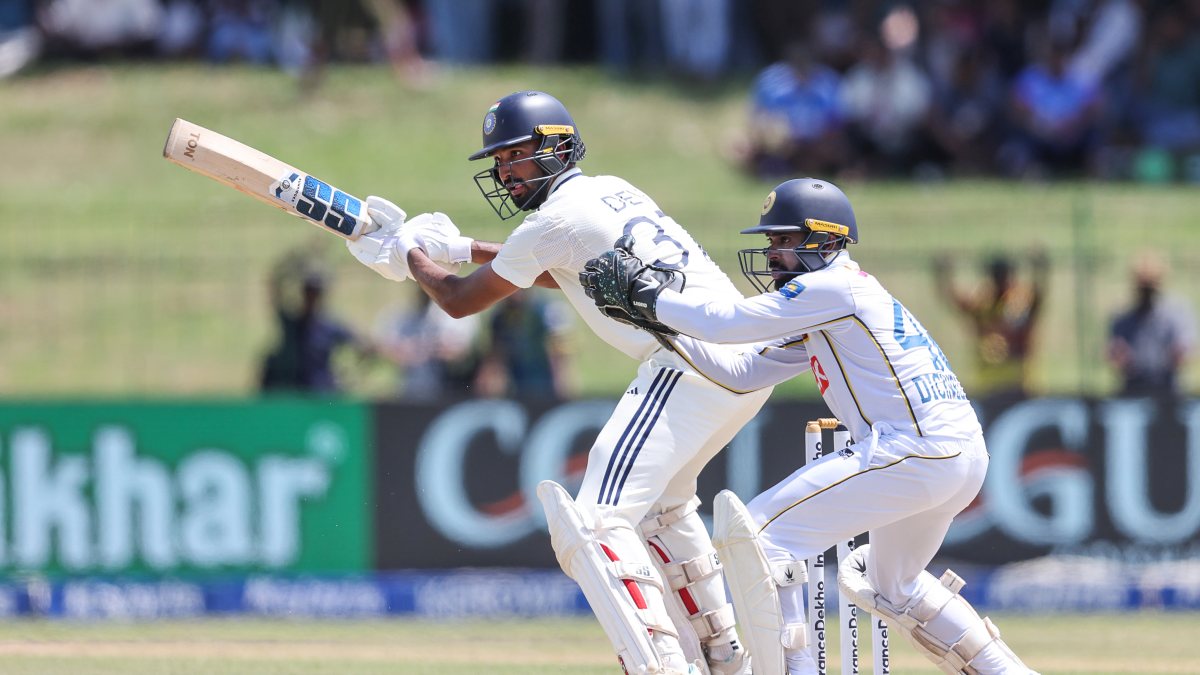 India's Devdutt Padikkal plays a shot on Day 1 of second Test in Colombo