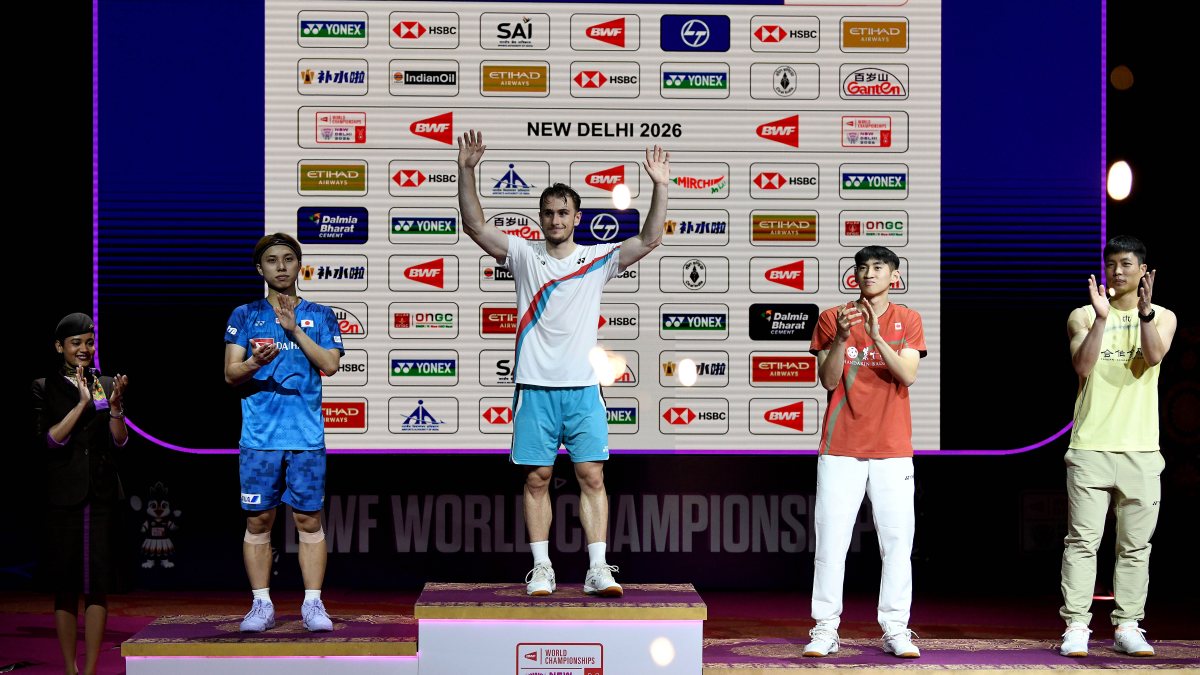 Badminton Worlds men's singles podium in New Delhi