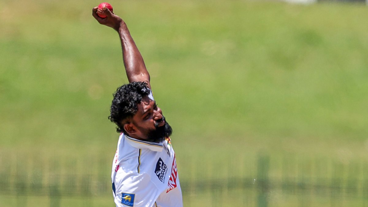 Prabath Jayasuriya bowls on day two of second India-Sri Lanka Test