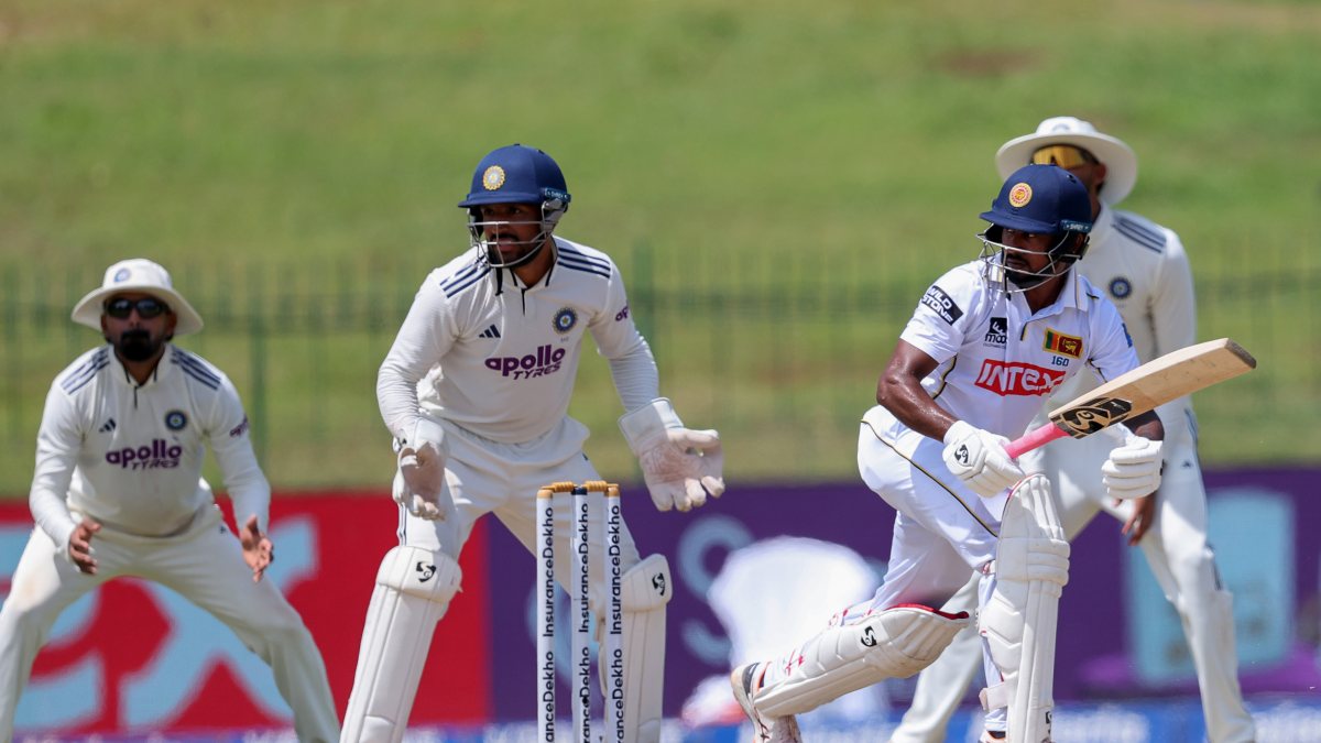 Kamindu Mendis plays a shot on day three of second India-Sri Lanka Test