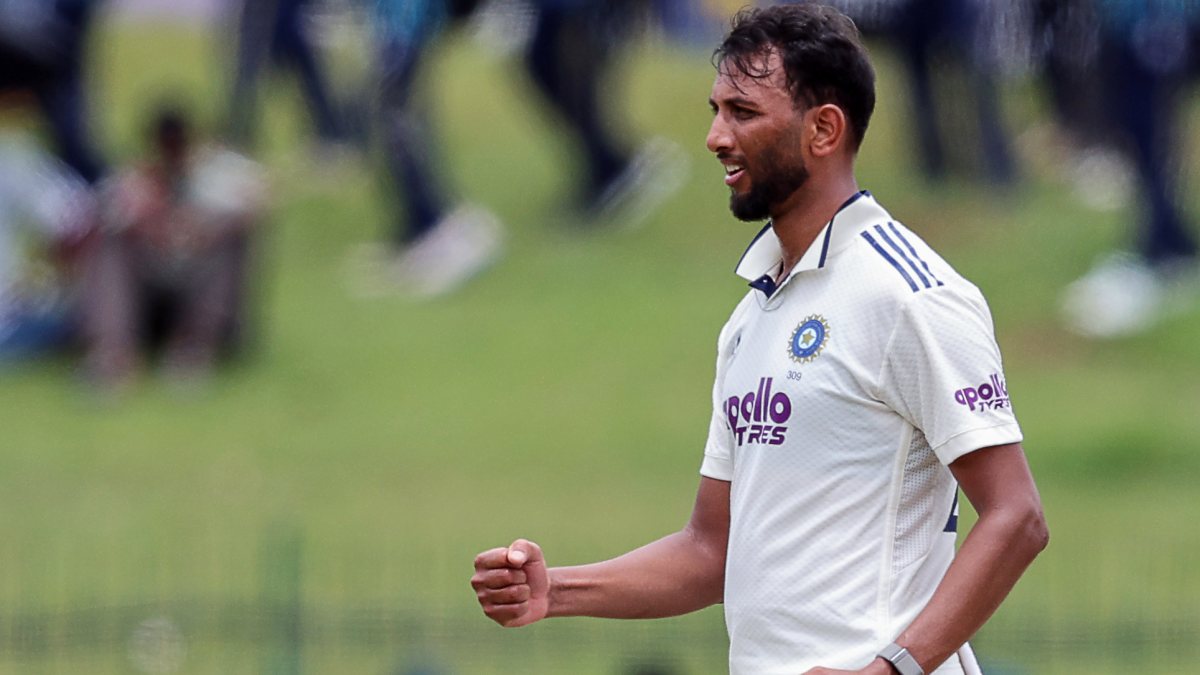 India's Prasidh Krishna celebrates Kamindu Mendis wicket in Colombo test