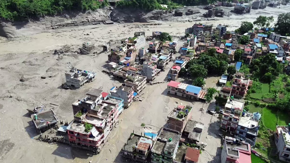 Aerial view shows houses submerged in Nepal flash flood